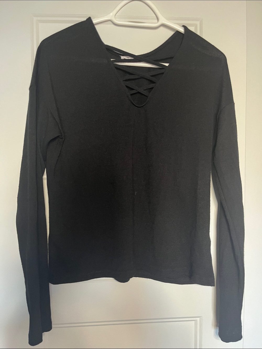 Ardene Black Long-Sleeve V-Neck Top with Crisscross Detail